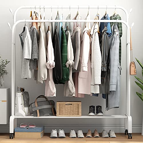 YYSM Double Rod Garment Rack with Shelves & Wheels, Metal Hang Dry Clothes Rack for Hanging Clothes, with Top Rod Organizer Shirt Towel Rack and Lower Storage Shelf for Boxes Shoes Boots