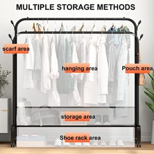 YYSM Double Rod Garment Rack with Shelves & Wheels, Metal Hang Dry Clothes Rack for Hanging Clothes, with Top Rod Organizer Shirt Towel Rack and Lower Storage Shelf for Boxes Shoes Boots