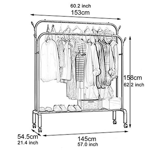 YYSM Double Rod Garment Rack with Shelves & Wheels, Metal Hang Dry Clothes Rack for Hanging Clothes, with Top Rod Organizer Shirt Towel Rack and Lower Storage Shelf for Boxes Shoes Boots