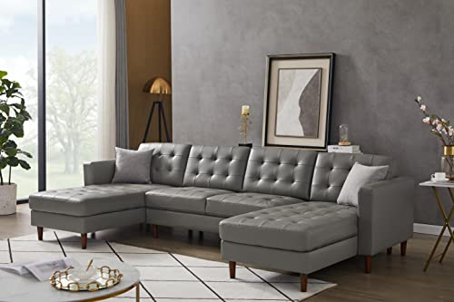 Aoowow Convertible Modular Sectional Sofa Couch U Shaped with Reversible Chaise PU Faux Leather (Grey)