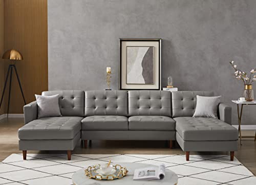 Aoowow Convertible Modular Sectional Sofa Couch U Shaped with Reversible Chaise PU Faux Leather (Grey)