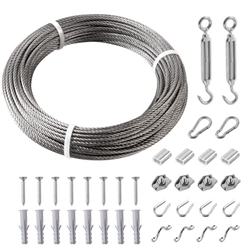 Helffer 98FT Clothesline, 304 Stainless Steel String Lights Hanging Kit, Portable Retractable Heavy Duty Cable Wire Rope, Turnbuckle Tensioner Strainer for Garage, Outdoor, Indoor, Shade Sail