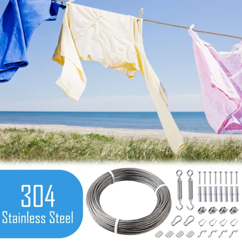 Helffer 98FT Clothesline, 304 Stainless Steel String Lights Hanging Kit, Portable Retractable Heavy Duty Cable Wire Rope, Turnbuckle Tensioner Strainer for Garage, Outdoor, Indoor, Shade Sail