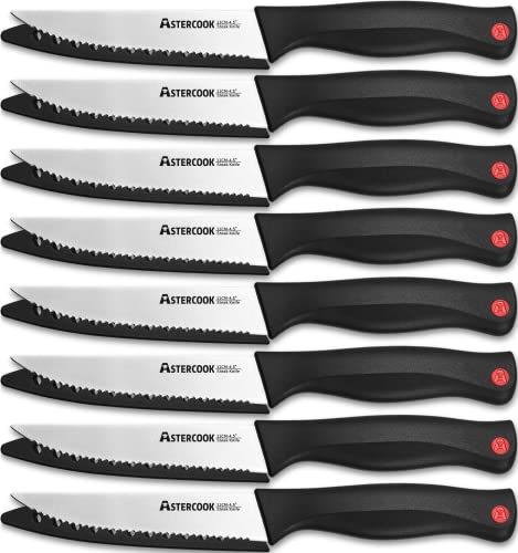 Astercook Steak Knife, Steak Knives Set of 8 with Sheath, Dishwasher Safe High Carbon Stainless Steel Steak Knife with Cover, Black