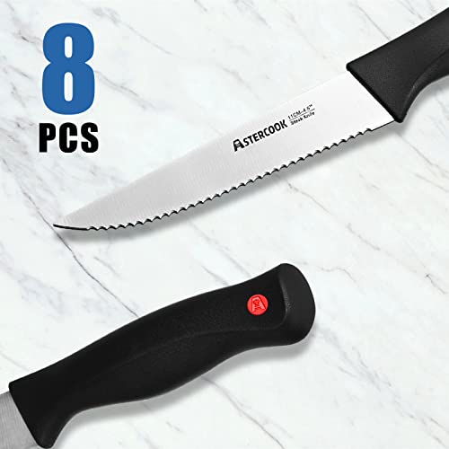 Astercook Steak Knife, Steak Knives Set of 8 with Sheath, Dishwasher Safe High Carbon Stainless Steel Steak Knife with Cover, Black