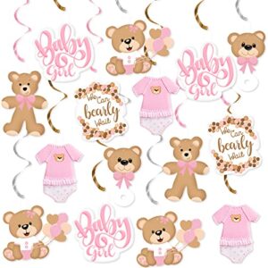 20pcs pink bear baby shower hanging swirls decorations, we can bearly wait kids bear themed foil ceiling swirls for it's a girl gender reveal photo prop hanging decor streamers birthday party supplies