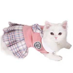 anelekor cute cat sweater dresses with necktie decor pet school uniform costume puppy spring autumn outfit soft knitted skirt shirts for cat rabbit small medium dogs (x-small, pink)