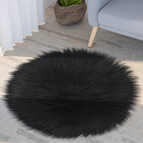 Sibba Faux Fur Fuzzy Area Rug Chair Pad Protectors 30 cm Black Small Round Cover Pillow Cushion Carpet Mat Desk Sofa Seat Couch for Living Room Kids Bedroom Home Decor Photographing Background Craft