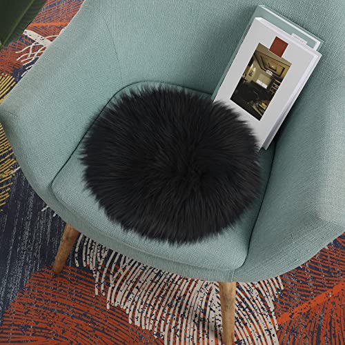 Sibba Faux Fur Fuzzy Area Rug Chair Pad Protectors 30 cm Black Small Round Cover Pillow Cushion Carpet Mat Desk Sofa Seat Couch for Living Room Kids Bedroom Home Decor Photographing Background Craft