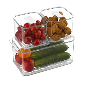 redrubbit fridge food storage containers bins produce saver with vented lids, stackable refrigerator freezer organizer with removable drain tray, fresh keeper, 3 pack