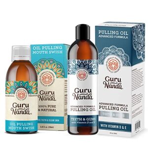 gurunanda original oil pulling oil, fluoride free vegan natural mouthwash & advanced formula oil pulling - natural coconut oil mouthwash with essential oils