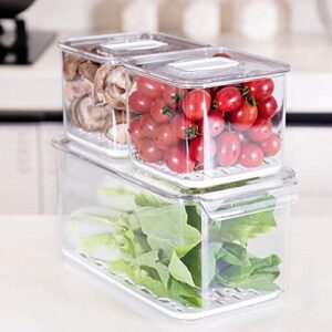ipegtop produce saver containers for refrigerator, food fruit vegetables storage, 3 piece stackable fridge freezer organizer, fresh keeper drawer bin with vented lids & removable drain tray
