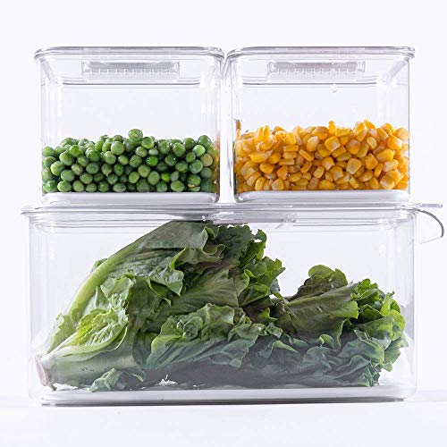 iPEGTOP Produce Saver Containers for Refrigerator, Food Fruit Vegetables storage, 3 Piece Stackable Fridge Freezer Organizer, Fresh Keeper Drawer Bin with Vented Lids & Removable Drain Tray