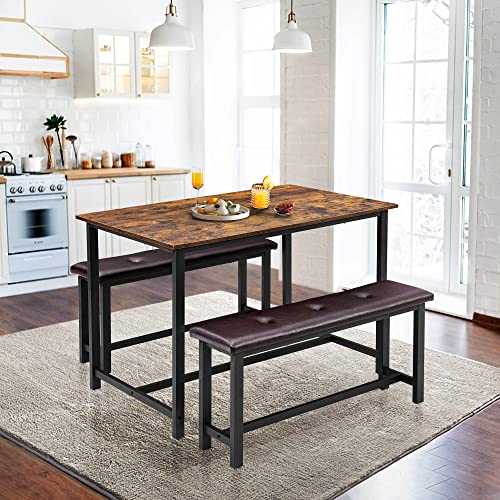 IDEALHOUSE Dining Table Set for 4 with Upholstered Benches, Space-Saving 3 Piece Kitchen Bench Dining Table Set, Rectangular Dining Table for Home, Kitchen, Dining Room, Rustic Brown
