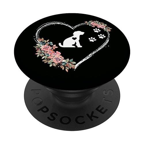 Puppy Heartbeat With Paw Prints And Flowers On Black PopSockets Standard PopGrip