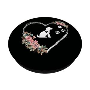 Puppy Heartbeat With Paw Prints And Flowers On Black PopSockets Standard PopGrip