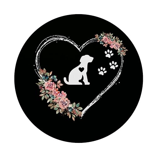 Puppy Heartbeat With Paw Prints And Flowers On Black PopSockets Standard PopGrip