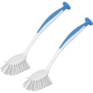 setsail dish brush with handle, 2 pack stiff bristles dish scrubber with suction cup dish scrub brushes with built-in scraper for cleaning dishes, pots and pans, kitchen sink