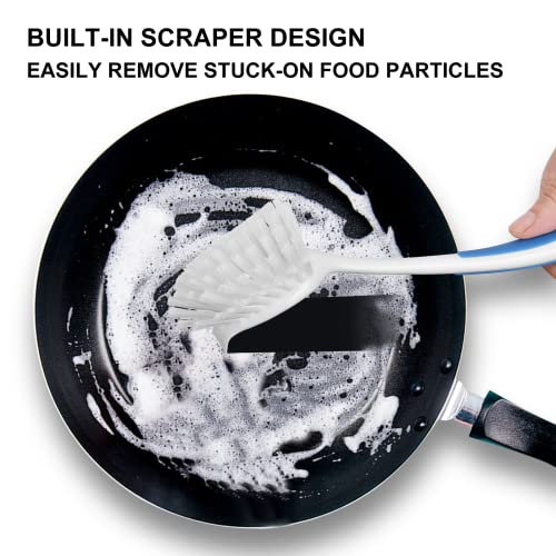 SetSail Dish Brush with Handle, 2 Pack Stiff Bristles Dish Scrubber with Suction Cup Dish Scrub Brushes with Built-in Scraper for Cleaning Dishes, Pots and Pans, Kitchen Sink