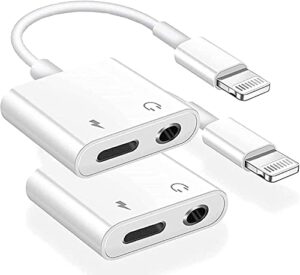 2 in 1 iphone headphones adapter, [apple mfi certified] 2 pack lightning to 3.5mm headphones aux audio + charge jack adapter dongle splitter compatible with iphone14/13/12/11/se/xs/xr/x/8/7