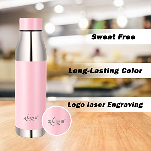 ZLINS Stainless Steel Vacuum Insulated 22oz Water Bottle Leak-Proof - Reusable Double Walled Metal Thermos - Sports Flask Great for Travel, Hiking, Camping(Pink)