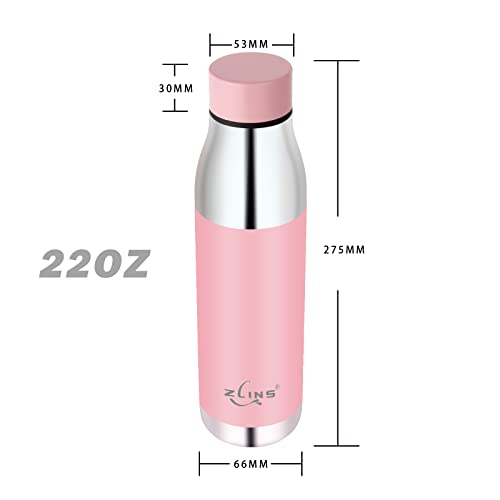 ZLINS Stainless Steel Vacuum Insulated 22oz Water Bottle Leak-Proof - Reusable Double Walled Metal Thermos - Sports Flask Great for Travel, Hiking, Camping(Pink)