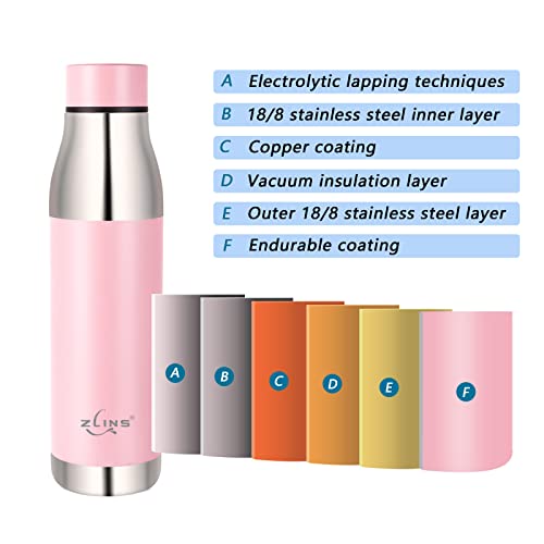 ZLINS Stainless Steel Vacuum Insulated 22oz Water Bottle Leak-Proof - Reusable Double Walled Metal Thermos - Sports Flask Great for Travel, Hiking, Camping(Pink)