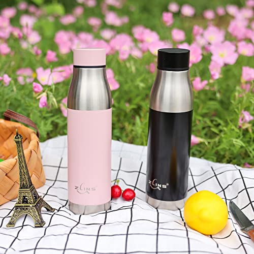 ZLINS Stainless Steel Vacuum Insulated 22oz Water Bottle Leak-Proof - Reusable Double Walled Metal Thermos - Sports Flask Great for Travel, Hiking, Camping(Pink)