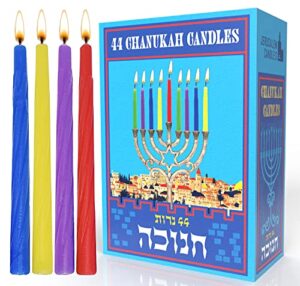 jerusalem candles colorful hanukkah candles - standard size fits most menorahs - premium quality wax - colored chanukah candles - 44 count for all 8 nights of hanukkah