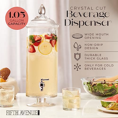 Fifth Avenue Crystal Beverage Dispenser for Countertop - 1 Gallon Large Glass Drink Dispenser w/Spigot & Lid - Party Drink Dispenser for Sweet Tea Lemonade Punch Water, Juice Dispensers for Parties