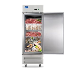 kalifon 27"w commercial freezer 1 solid door, 23 cu.ft reach-in stainless steel freezer, upright fan cooling for restaurant, bar, home, shop (equip 4 shelves) - kalifon warehouse shipments