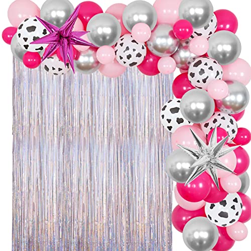 Jollyboom Space Cowgirl Party decorations, Western Disco Party Decorations for Women Hot Pink Balloon Garland Arch Kit, Laser Silver Fringe Curtains Star Foil Balloons for Girl Bachelorette Party