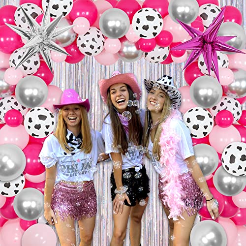 Jollyboom Space Cowgirl Party decorations, Western Disco Party Decorations for Women Hot Pink Balloon Garland Arch Kit, Laser Silver Fringe Curtains Star Foil Balloons for Girl Bachelorette Party