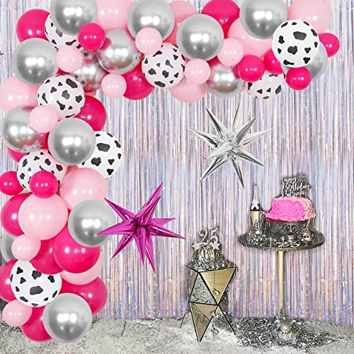 Jollyboom Space Cowgirl Party decorations, Western Disco Party Decorations for Women Hot Pink Balloon Garland Arch Kit, Laser Silver Fringe Curtains Star Foil Balloons for Girl Bachelorette Party