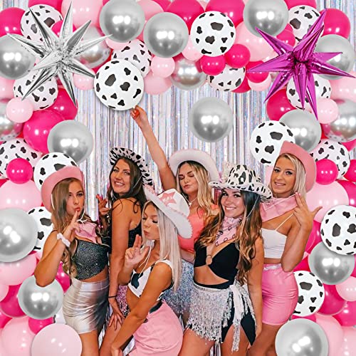 Jollyboom Space Cowgirl Party decorations, Western Disco Party Decorations for Women Hot Pink Balloon Garland Arch Kit, Laser Silver Fringe Curtains Star Foil Balloons for Girl Bachelorette Party