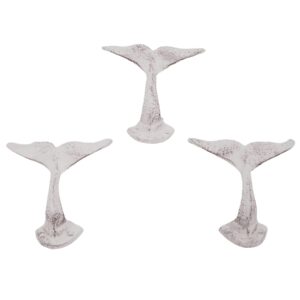distressed white whale tail cast iron wall hooks, wall mounted for hanging coats, purses, towels, hats, beach themed wall décor, set of 3, 4.75 inches high