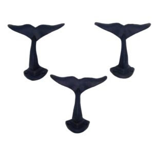 navy blue whale tail cast iron wall hooks, wall mounted for hanging coats, purses, towels, hats, beach themed wall décor, set of 3, 4.75 inches high