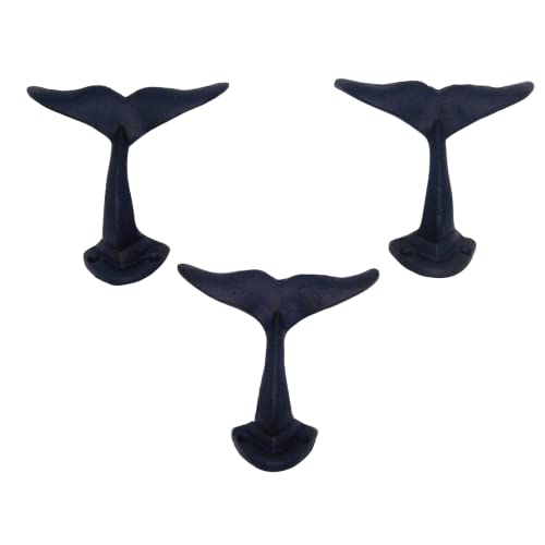 Navy Blue Whale Tail Cast Iron Wall Hooks, Wall Mounted for Hanging Coats, Purses, Towels, Hats, Beach Themed Wall Décor, Set of 3, 4.75 Inches High