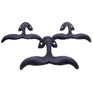 Navy Blue Whale Tail Cast Iron Wall Hooks, Wall Mounted for Hanging Coats, Purses, Towels, Hats, Beach Themed Wall Décor, Set of 3, 4.75 Inches High