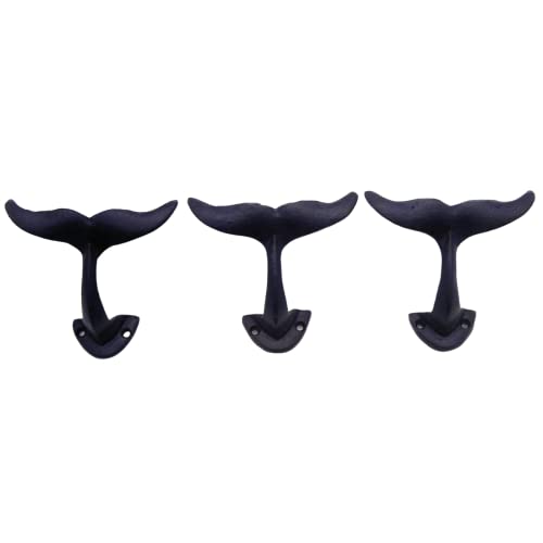 Navy Blue Whale Tail Cast Iron Wall Hooks, Wall Mounted for Hanging Coats, Purses, Towels, Hats, Beach Themed Wall Décor, Set of 3, 4.75 Inches High