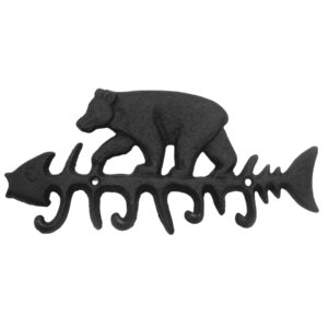 black bear with fish bones cast iron wall hook, wall mounted decoration, rustic cabin décor, 9.25 inches