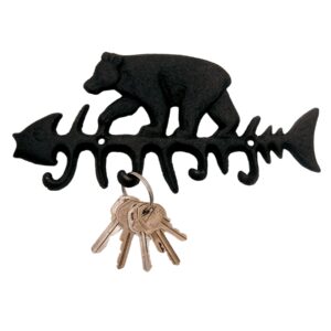 Black Bear with Fish Bones Cast Iron Wall Hook, Wall Mounted Decoration, Rustic Cabin Décor, 9.25 Inches