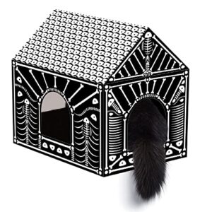LiBa Cardboard Cat House with Scratch Pad and Catnip, Cat Bed for Indoor Cats, Cat Scratcher, Halloween Decorations Halloween Cat Toys Gifts for Cats Fish Bone
