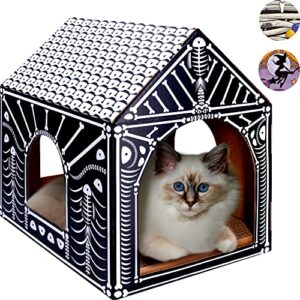 liba cardboard cat house with scratch pad and catnip, cat bed for indoor cats, cat scratcher, halloween decorations halloween cat toys gifts for cats fish bone