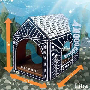 LiBa Cardboard Cat House with Scratch Pad and Catnip, Cat Bed for Indoor Cats, Cat Scratcher, Halloween Decorations Halloween Cat Toys Gifts for Cats Fish Bone