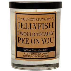 if you got stung by a jellyfish i would totally pee on you, friendship candle gifts for women, birthday gifts for friends female, funny gifts for friends, funny candle, highly scented soy 10 oz.