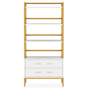 Tribesigns Bookshelf with Drawers, 65” Tall Ladder Shelf Bookcase with Storage, Modern White and Gold Bookcases and Book Shelves 4 Shelf Organizer, Metal Wood Book Shelving Unit for Bedroom, Office