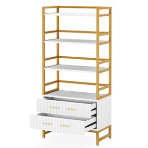 Tribesigns Bookshelf with Drawers, 65” Tall Ladder Shelf Bookcase with Storage, Modern White and Gold Bookcases and Book Shelves 4 Shelf Organizer, Metal Wood Book Shelving Unit for Bedroom, Office