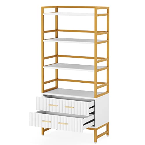 Tribesigns Bookshelf with Drawers, 65” Tall Ladder Shelf Bookcase with Storage, Modern White and Gold Bookcases and Book Shelves 4 Shelf Organizer, Metal Wood Book Shelving Unit for Bedroom, Office