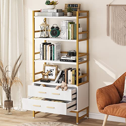 Tribesigns Bookshelf with Drawers, 65” Tall Ladder Shelf Bookcase with Storage, Modern White and Gold Bookcases and Book Shelves 4 Shelf Organizer, Metal Wood Book Shelving Unit for Bedroom, Office